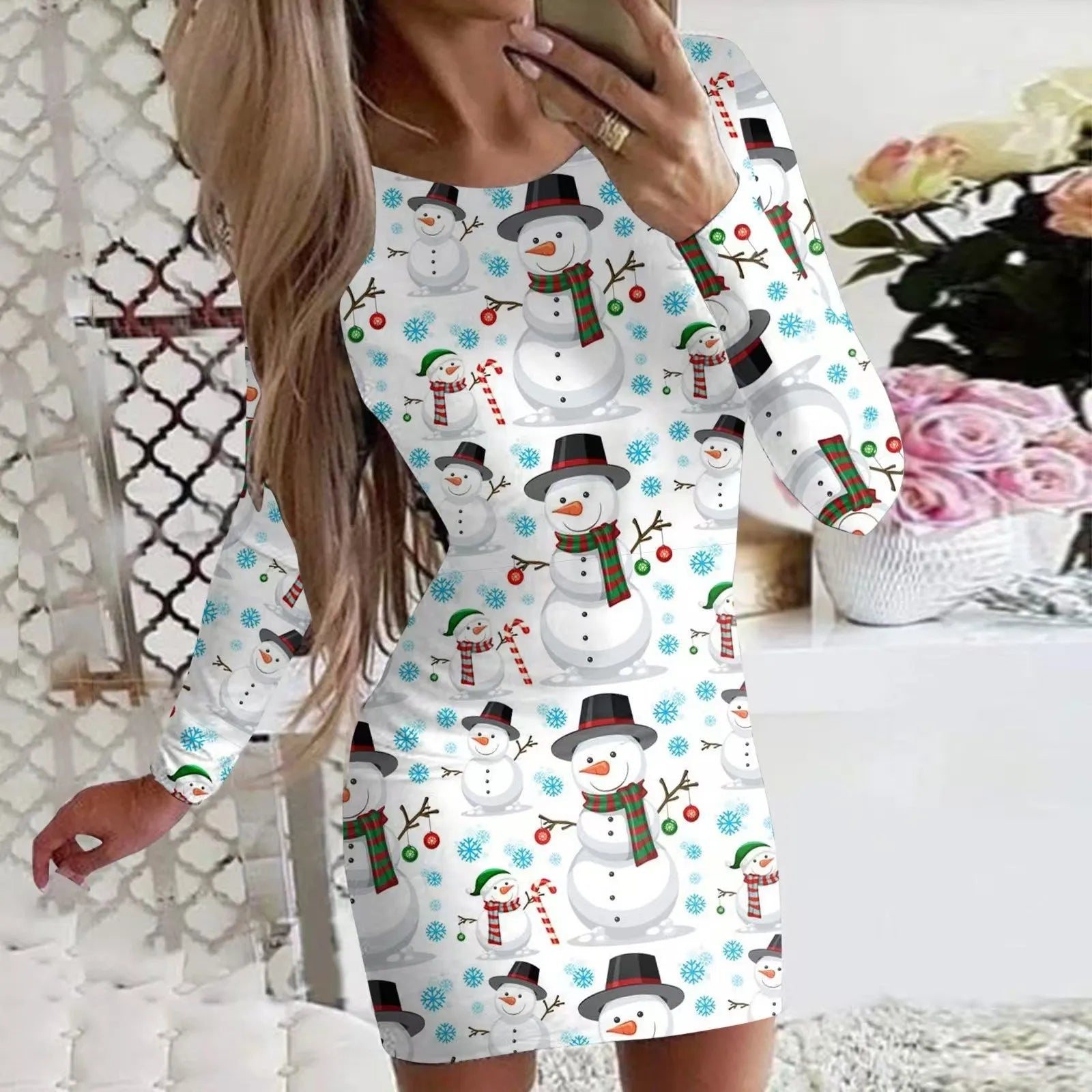 Christmas printed round neck long sleeve narrow dress with animal pattern and colourful flower design
