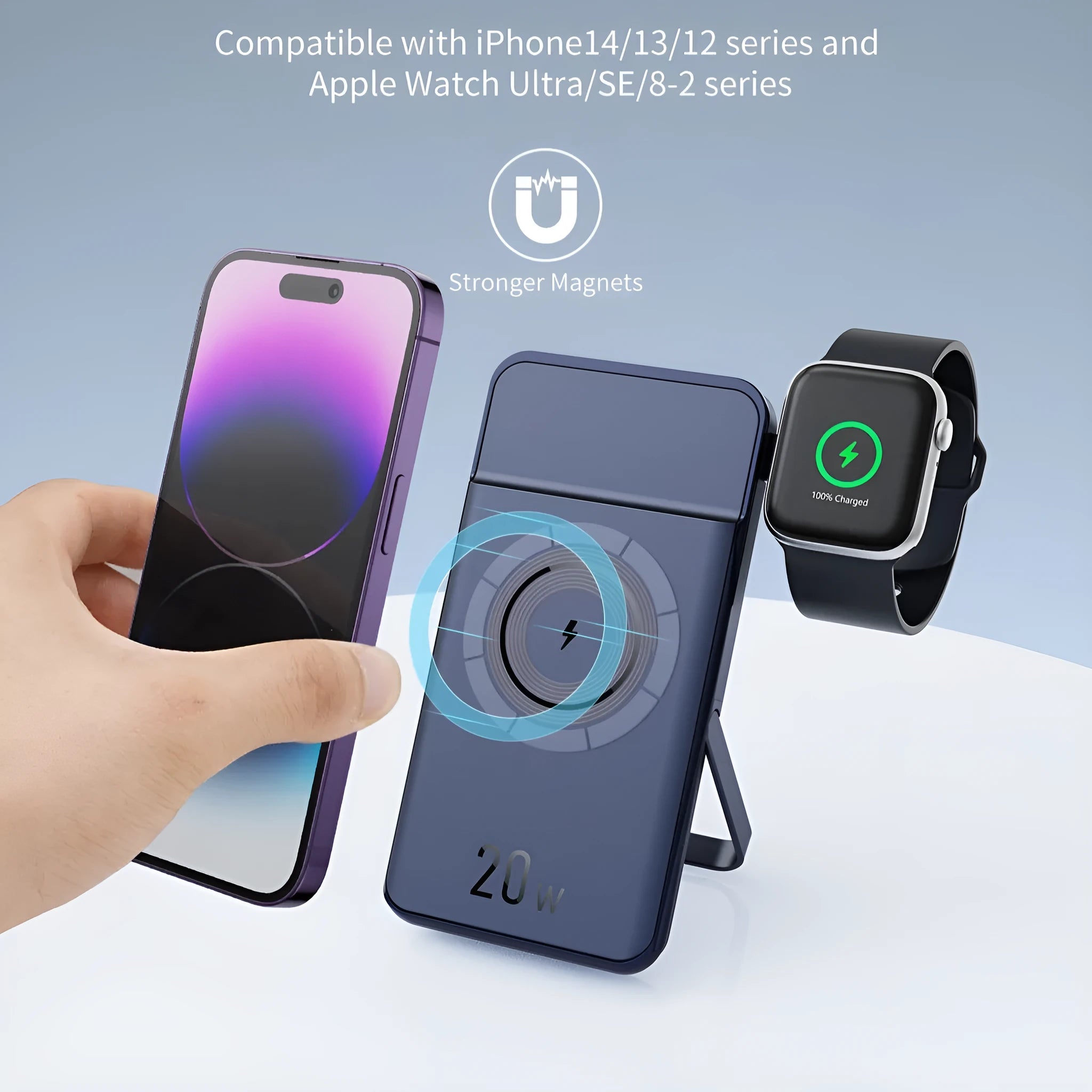 Black magnetic wireless power bank with three-in-one bracket showing 10000mAh capacity label