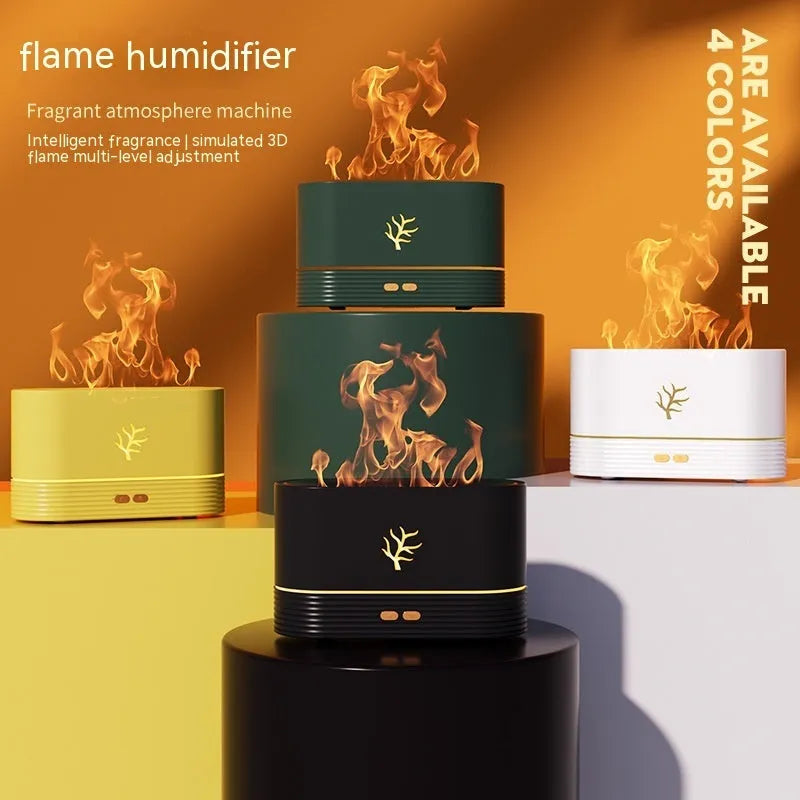 White square flame humidifier with LED fire simulation and USB power cable