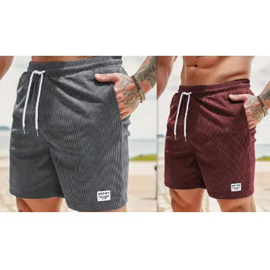 Mens lace-up drawstring corduroy sports shorts in army green and black, front view, straight-leg fit