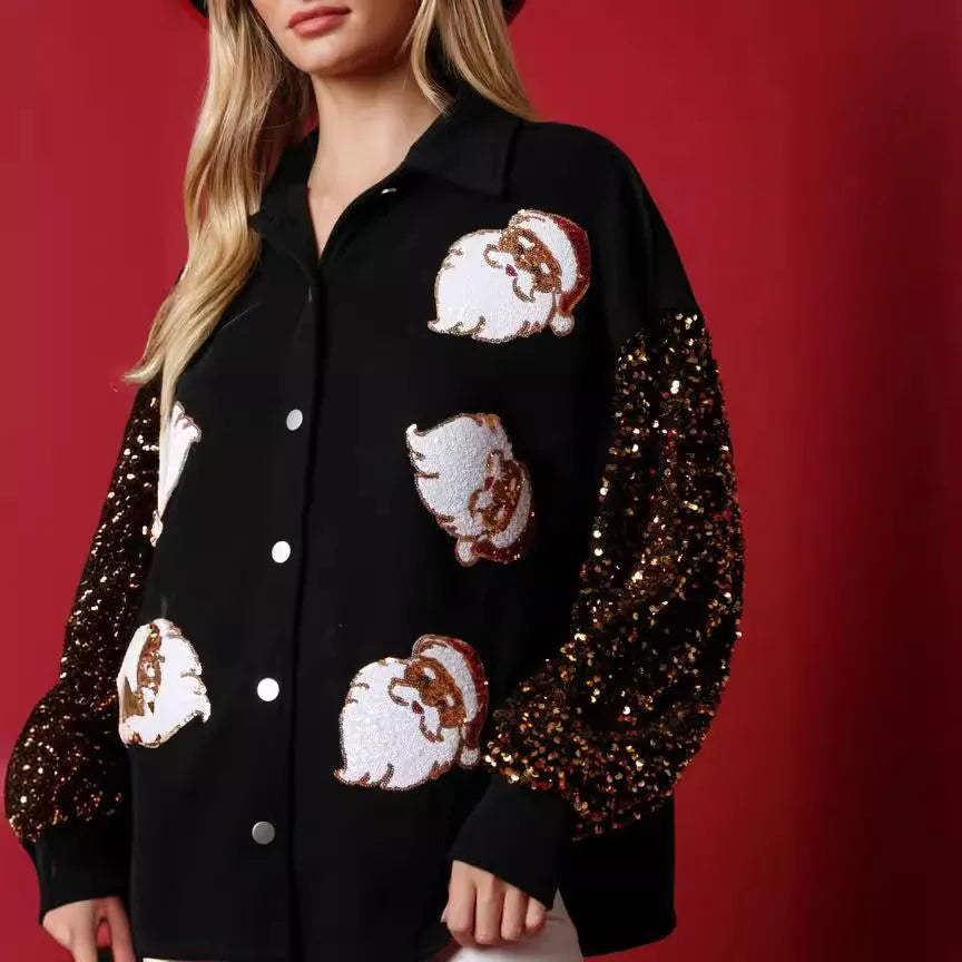 Women's black long-sleeved button fleece shirt with Santa Claus pattern and sequined sleeves on both sleeves