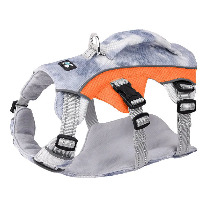 Reflective pet cooling chest strap harness in light blue, pink, dark blue, or orange colours
