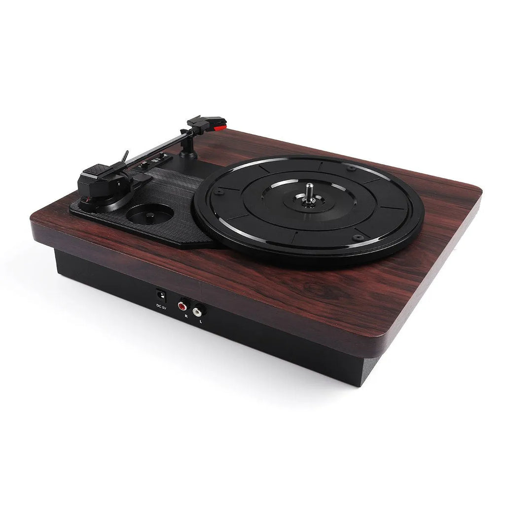 Record player phonograph with compact design, 300x250x100mm, for vinyl playback requiring external amplifier