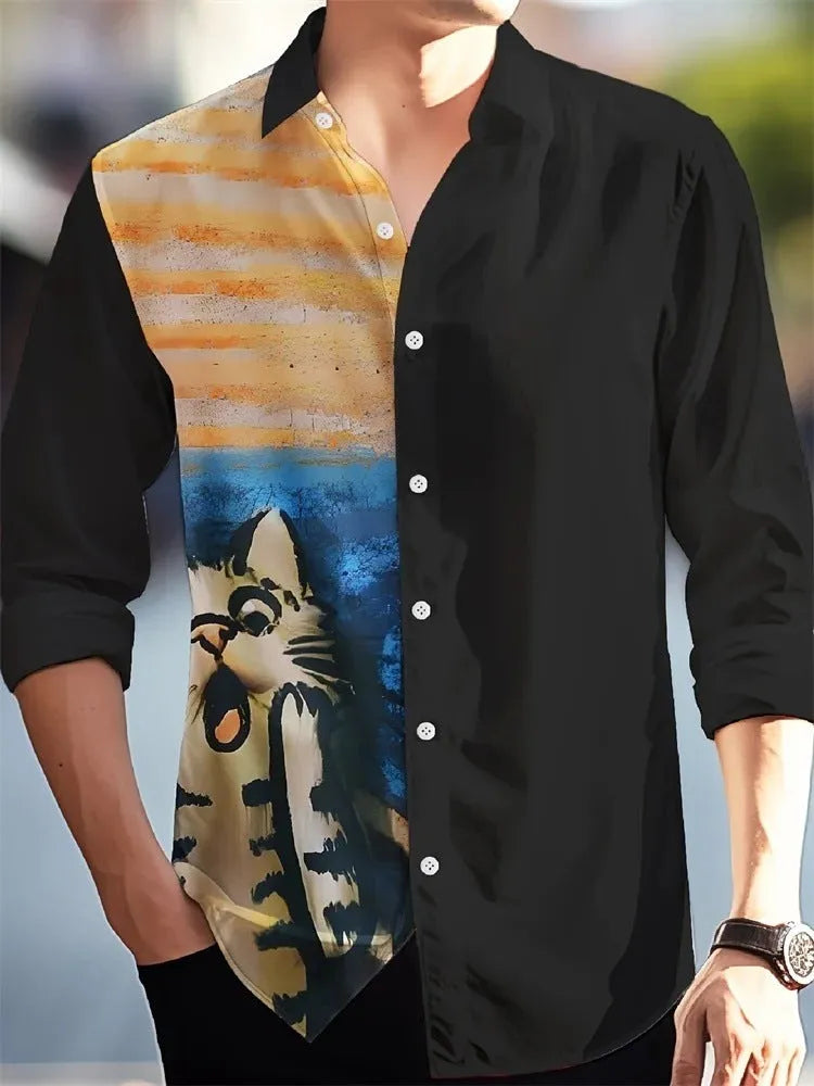 Man wearing a loose-fitting floral print Hawaiian shirt with long sleeves.