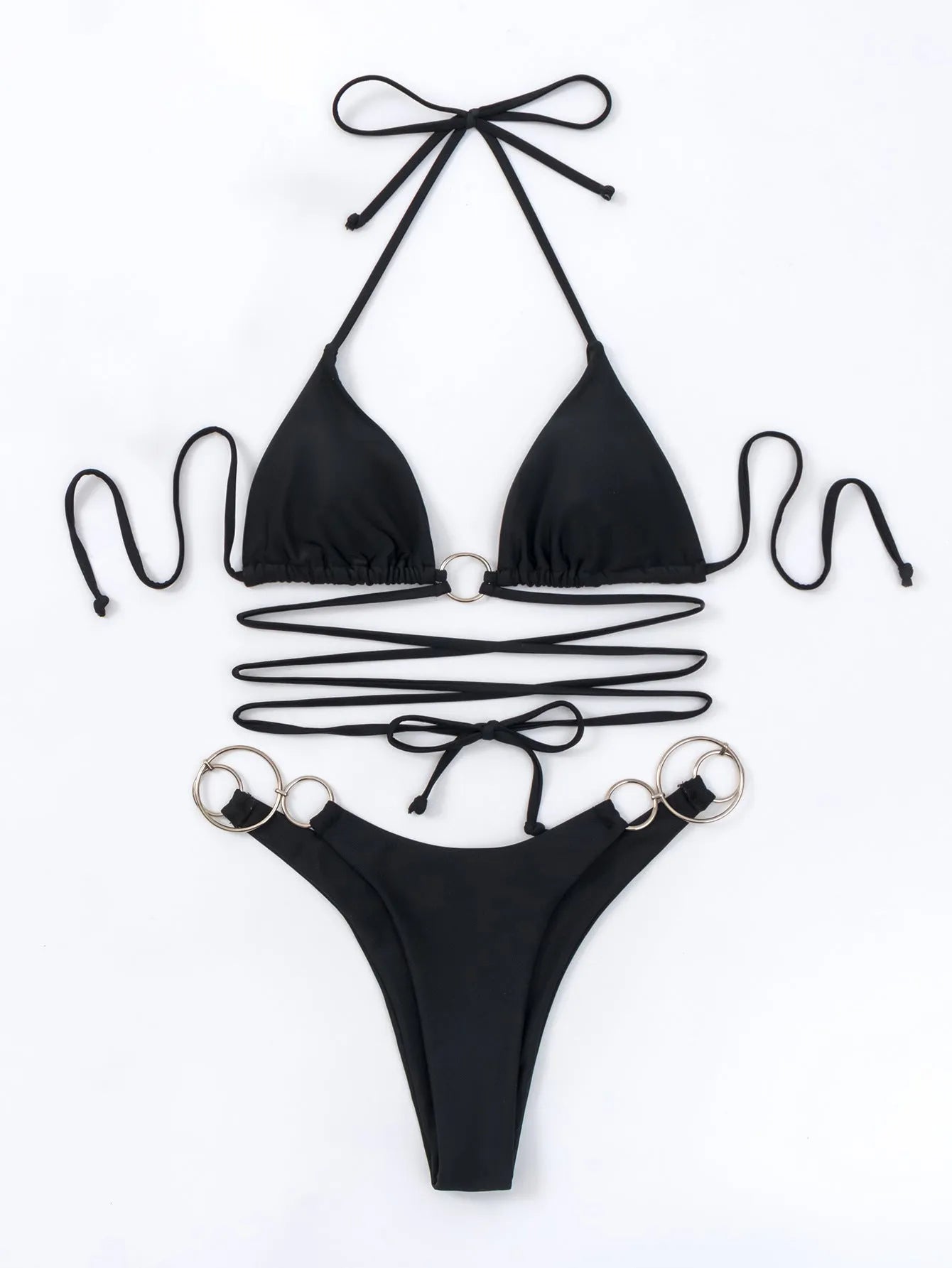 Black women's bikini set with metal ring straps and a backless, split cut design.
