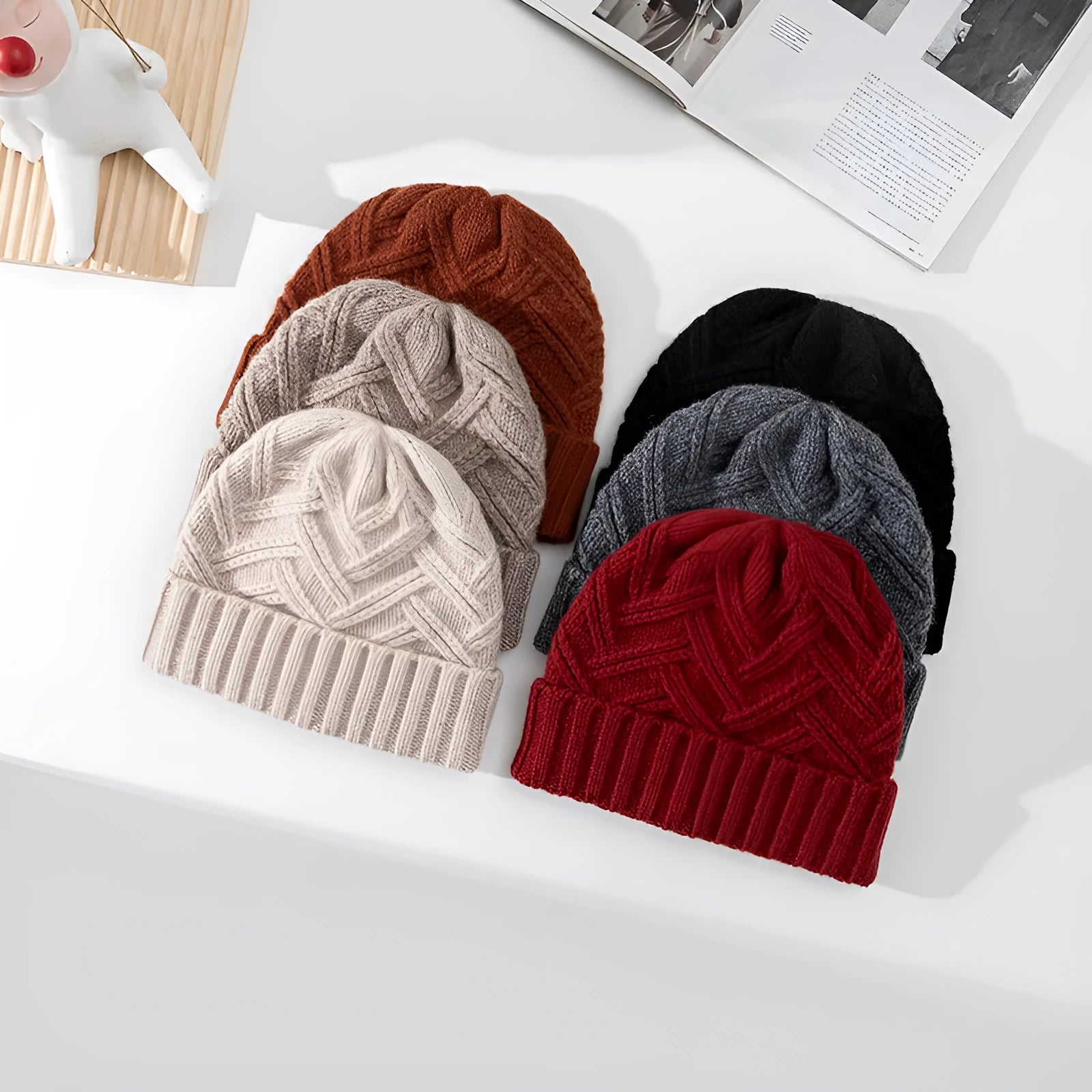 Wool knitted dome crown hat for women in assorted colours including ivory, khaki, red, brown, grey, and black.