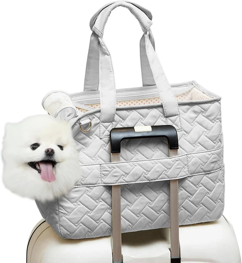 Grey handbag-style pet carrier for cats and small dogs with mesh panels and multiple pockets.