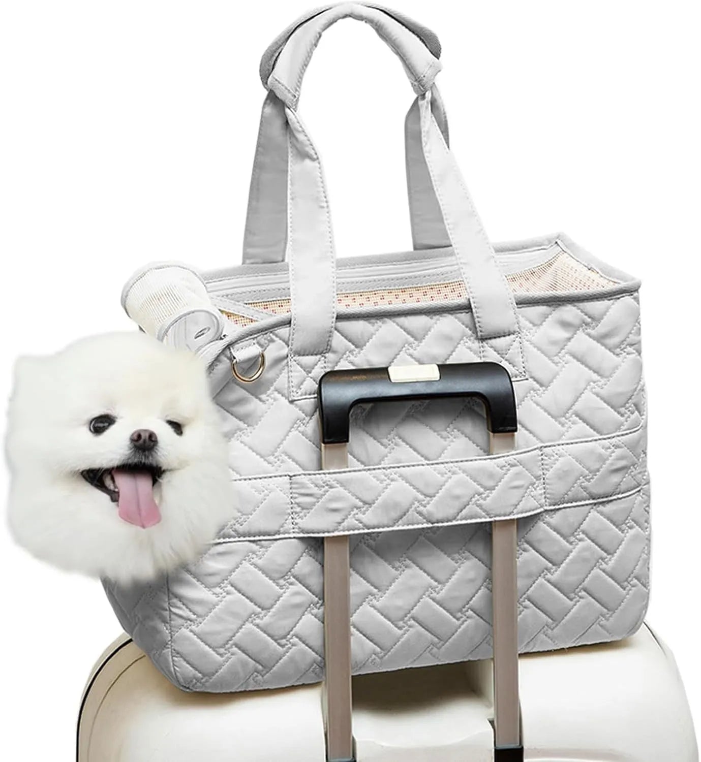 Grey handbag-style pet carrier for cats and small dogs with mesh panels and multiple pockets.