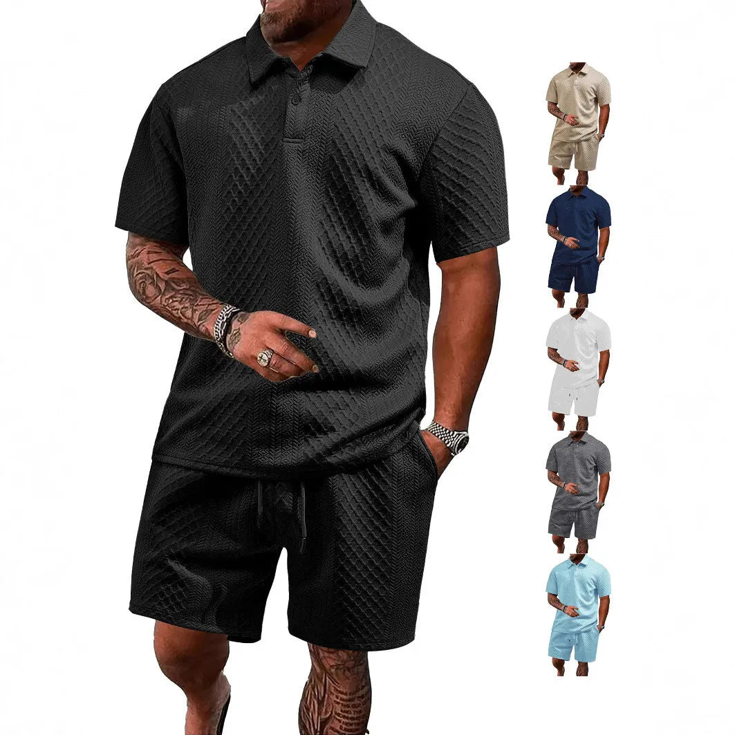 Men's pattern cloth casual short sleeve polo suit set with matching top and trousers in multiple colours
