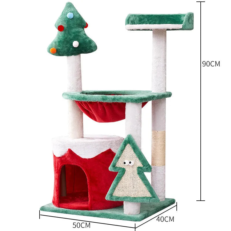 Cat scratch integrated toy with Christmas colours in red, green and white on density plate material