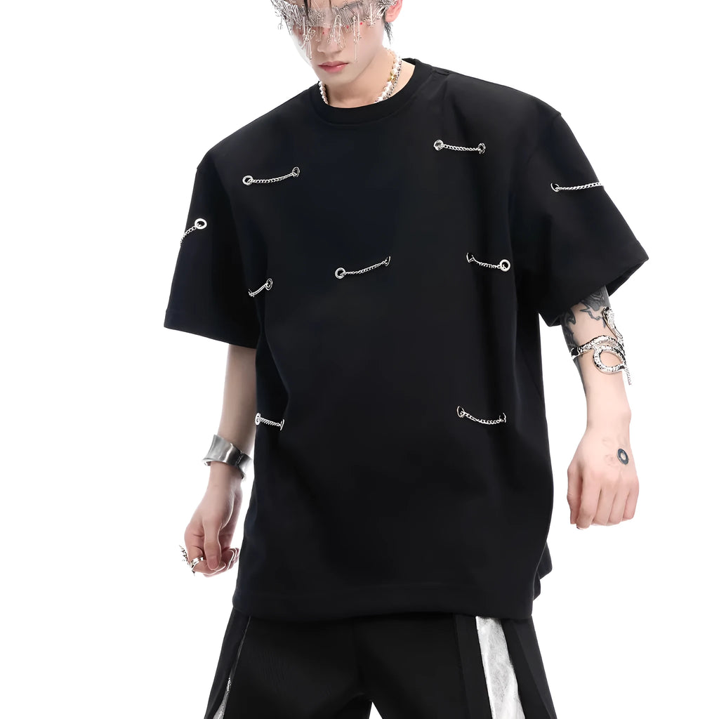 Black heavy cotton t-shirt with metal chain padded shoulder detail, round neck, short sleeves