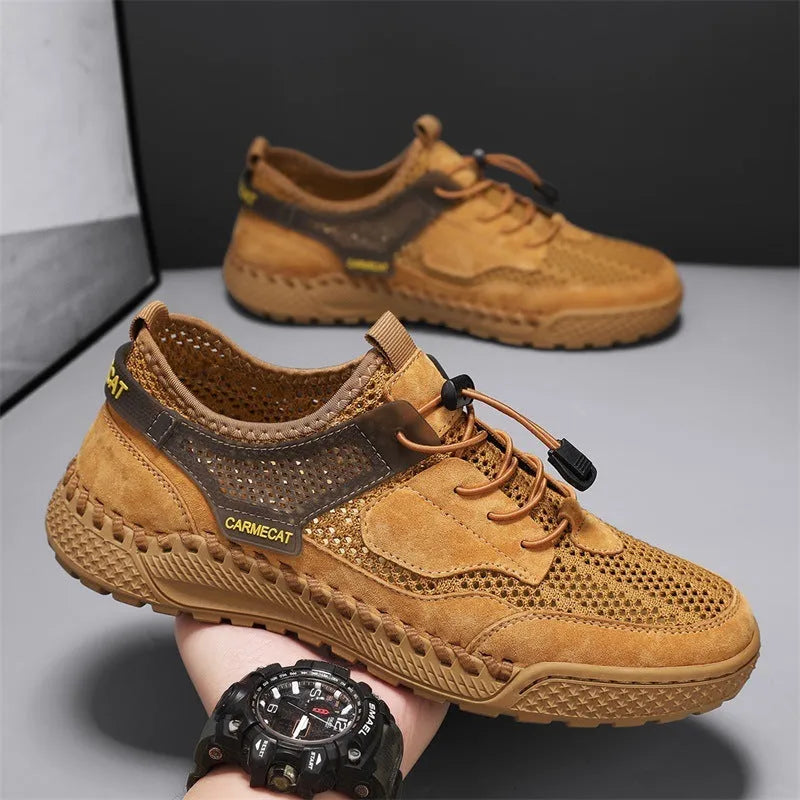 Men's brown suede low-top casual tennis shoes with a visible elastic band and hand-stitched rubber sole.