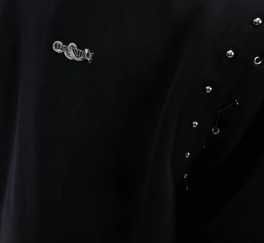 Women's black deconstruction t-shirt with a front lace-up cutout detail and short sleeves.