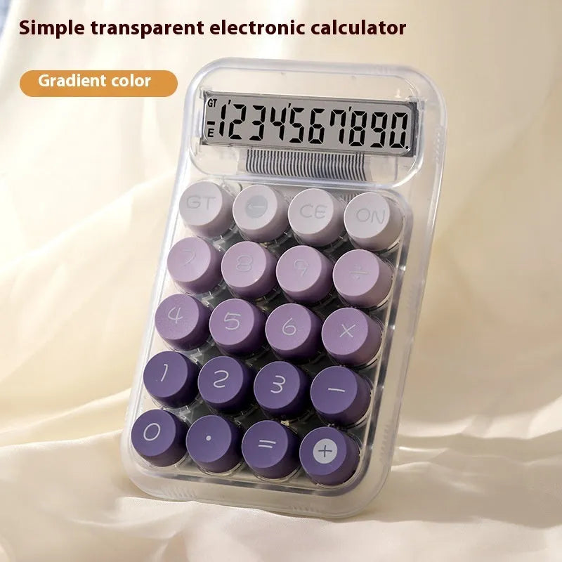 Round keypad gradient colour calculator in blue, green, pink, or purple on a desk.