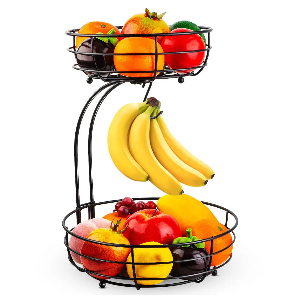 Black wrought iron double-layer fruit basket with two tiers for storing fruits and vegetables