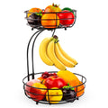 Black wrought iron double-layer fruit basket with two tiers for storing fruits and vegetables