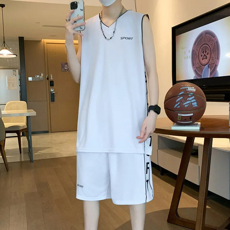 Men's black polyester basketball sports suit consisting of a sleeveless vest top and matching shorts.