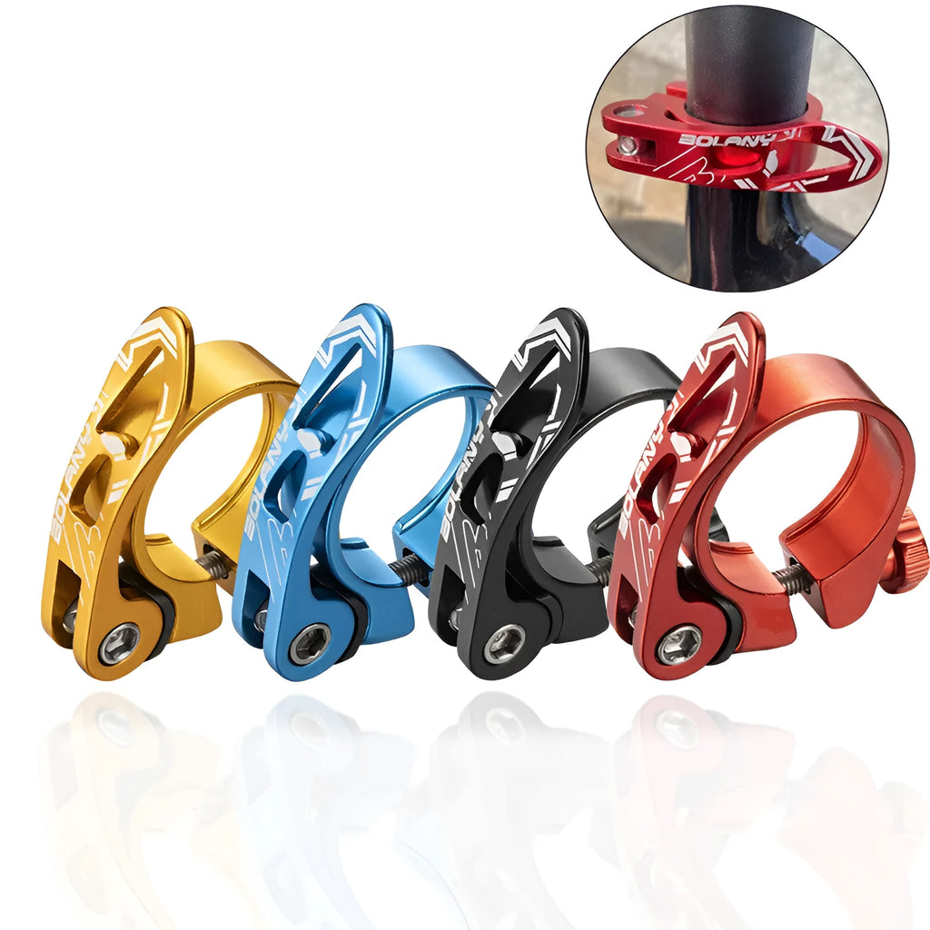 Aluminium alloy bicycle seat post clamp in black, shown next to red, blue, and gold colour options.