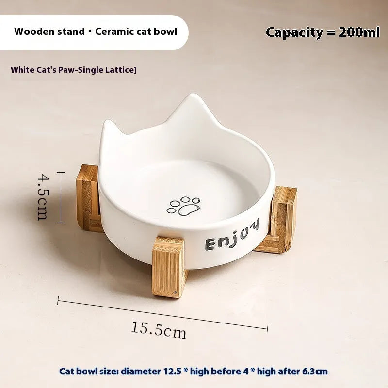 Porcelain cat bowl with wooden anti-tumble frame in chosen colour with cat ear design