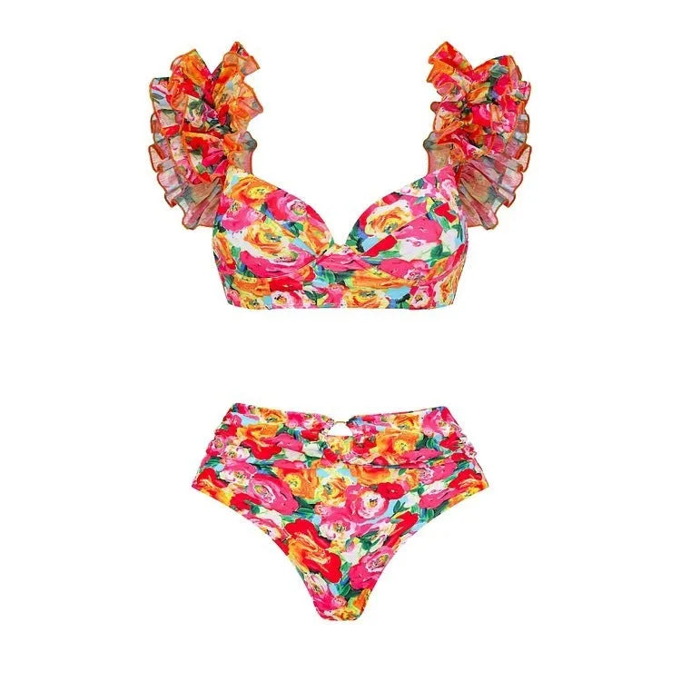 Women's floral print push-up bikini with high waist swim briefs on a mannequin.