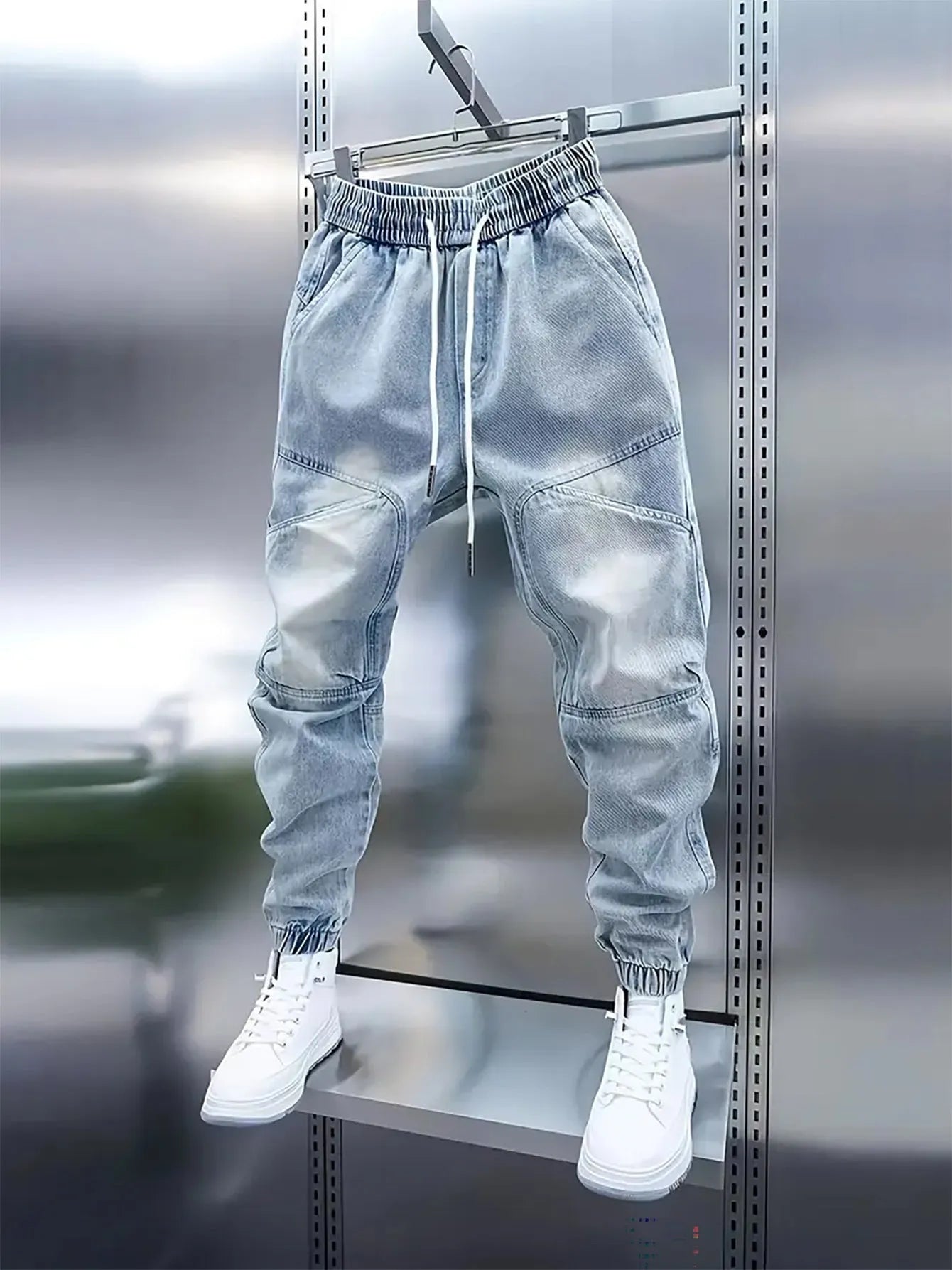 Men's light blue cotton denim elastic ankle banded drawstring skinny trousers