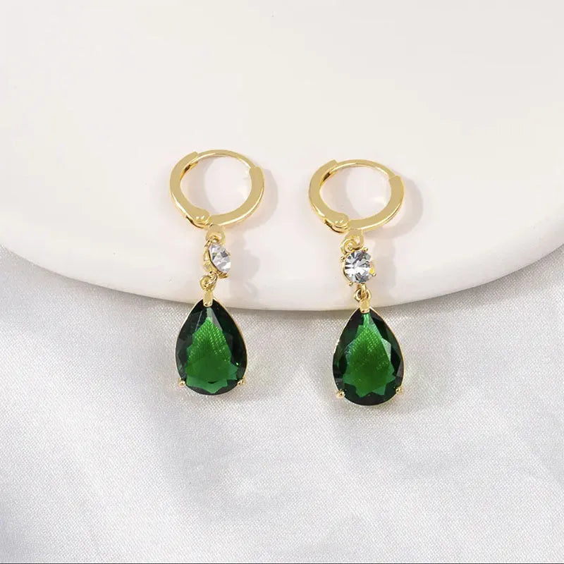 Green geometric teardrop earrings in alloy metal with drop-down design
