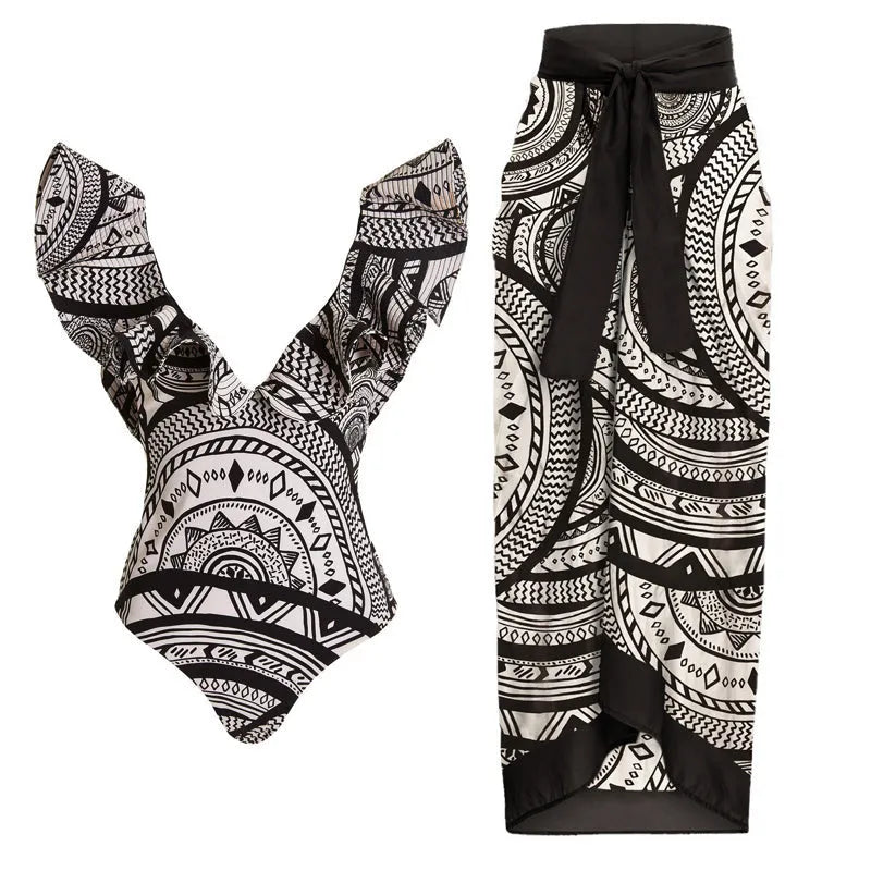 Women's vintage print one-piece swimsuit with deep V-neck and matching wrap skirt