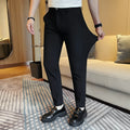 Men's casual straight-leg dark pattern ice silk cropped pants in grey stripe with ankle-tied cuffs and mid-waist fit