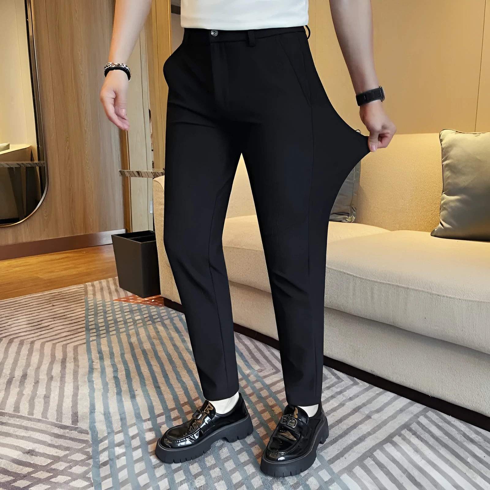 Men's casual straight-leg dark pattern ice silk cropped pants in grey stripe with ankle-tied cuffs and mid-waist fit