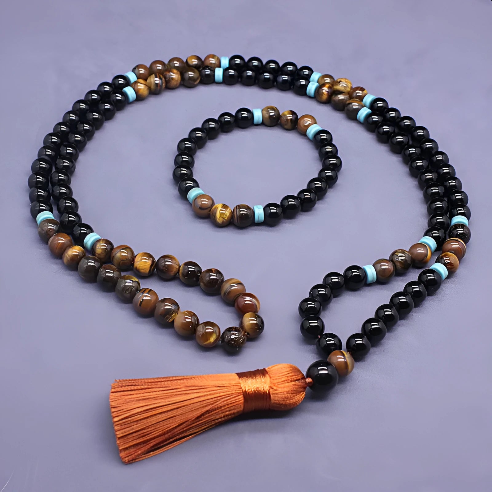 Black agate and tigereye geometric jewellery set with bracelet and necklace