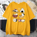 Men's black cotton T-shirt with white cat sushi cartoon design on chest, short sleeves, loose fit