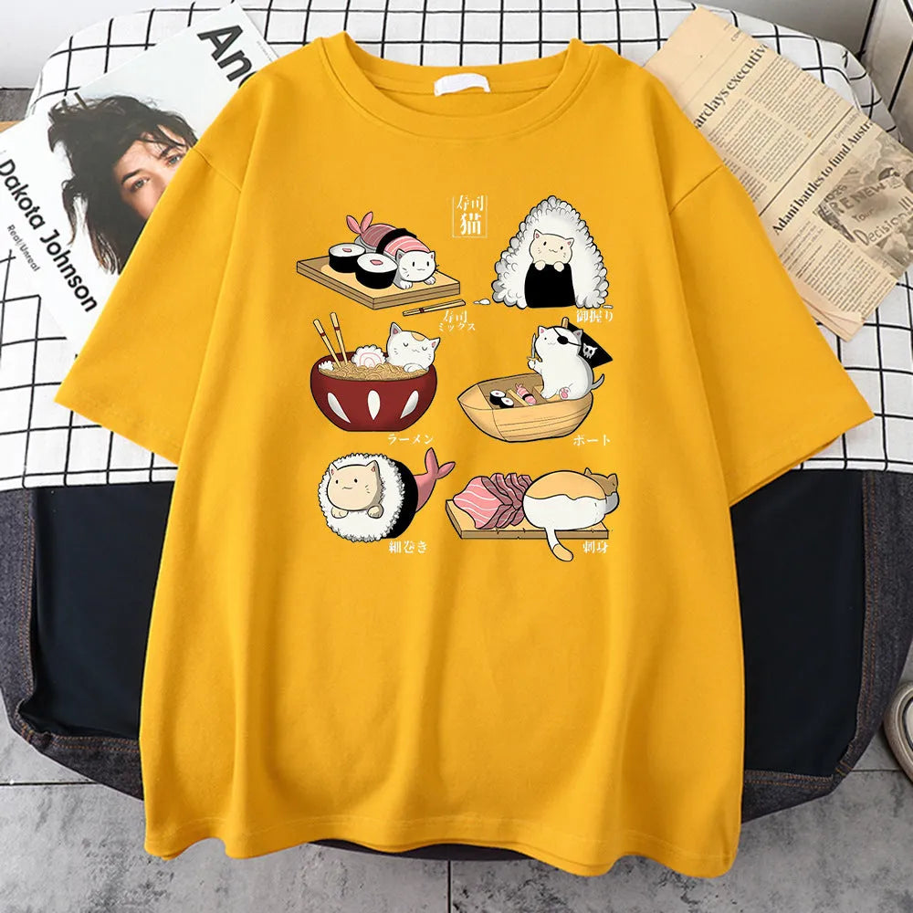 Men's black cotton T-shirt with white cat sushi cartoon design on chest, short sleeves, loose fit