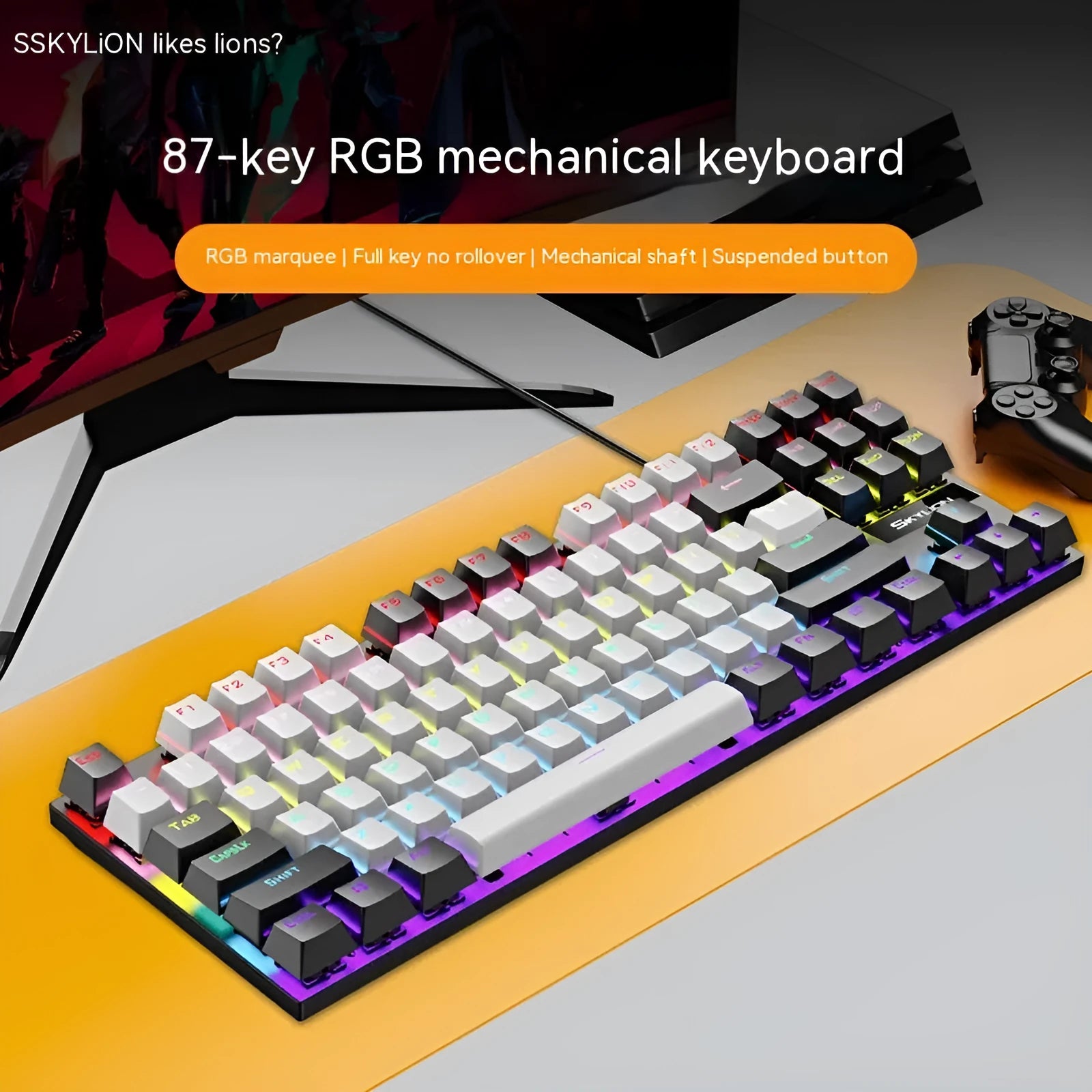 K87 mechanical wired keyboard with green or red axis switches, metal construction, and 1.4 metre cable in various colour options
