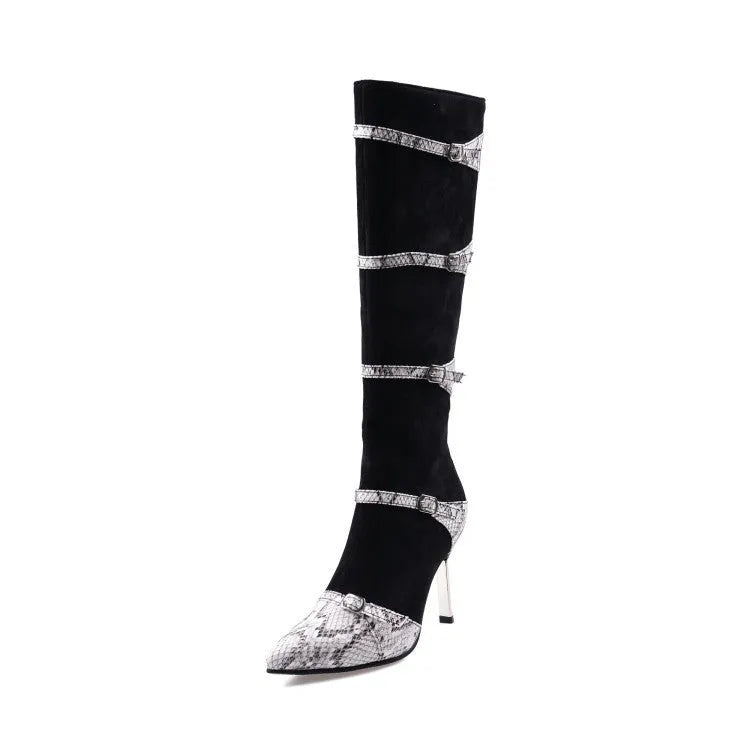 Grey and black women's knee-high boots with a thin 9cm high heel and velvet interior.
