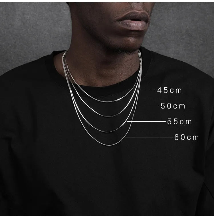 S925 sterling silver plated platinum snake bone chain necklace on display, silver colour, unisex design, 45-60cm length options