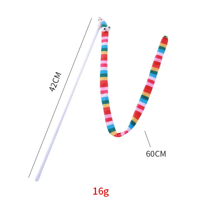 Cat teaser wand toy with long plush strip and bell on a polycarbonate pole.