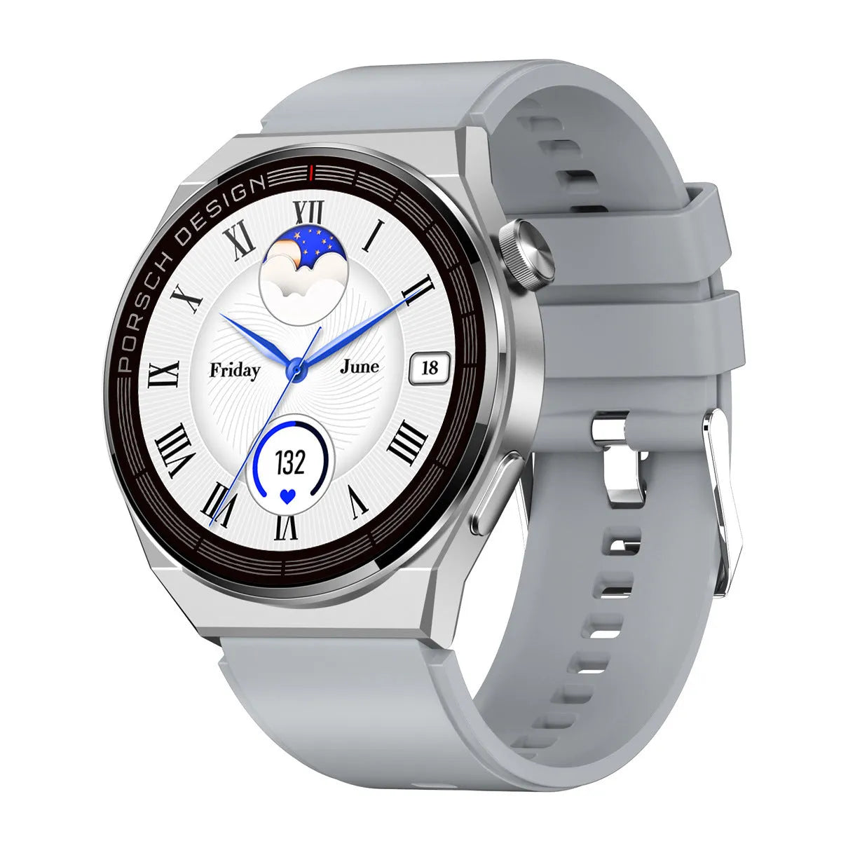 Smartwatch with black or silver case and choice of silicone, leather, or stainless steel strap on wrist