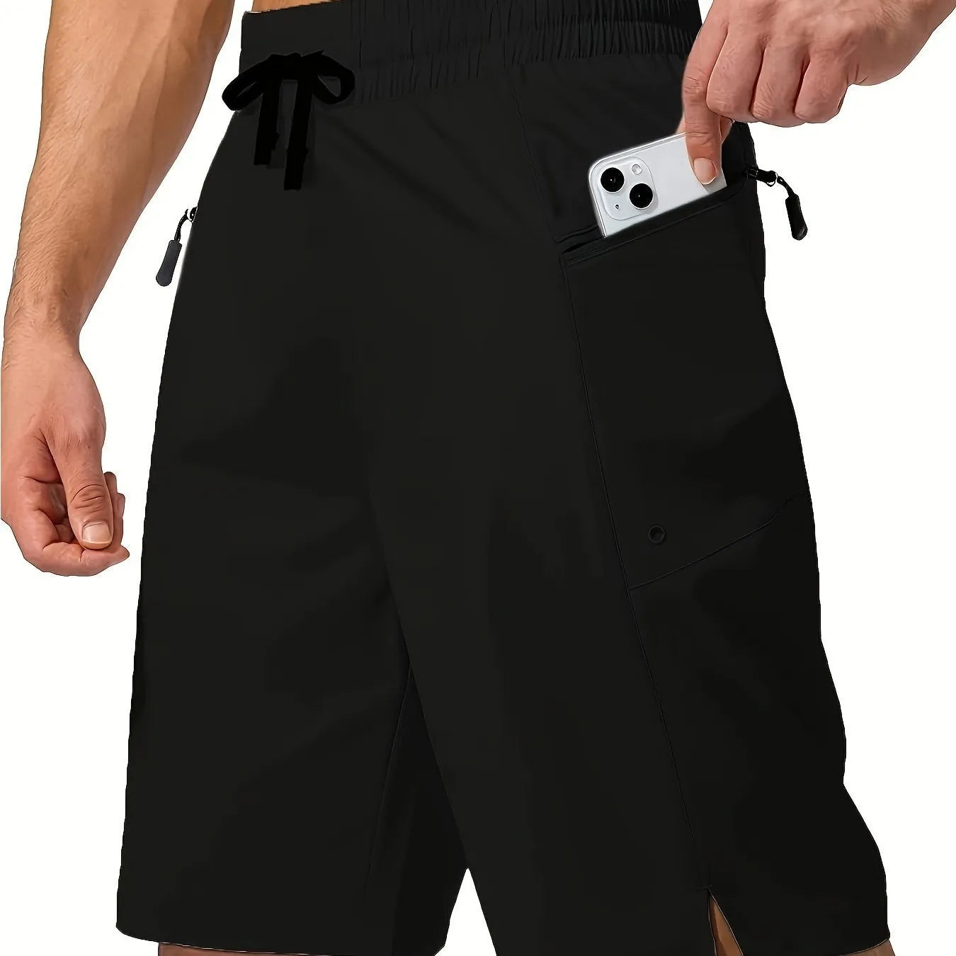 Men's solid colour quick-drying beach shorts in straight-leg polyester fabric