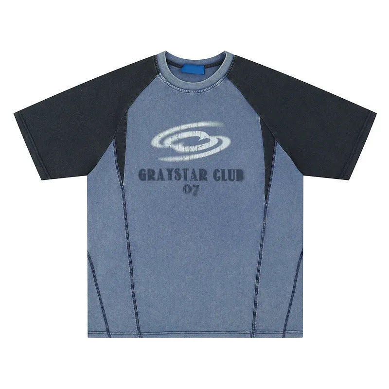 Men's blue hip hop t-shirt with white letter printing and raglan sleeves on hanger