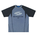 Men's blue hip hop t-shirt with white letter printing and raglan sleeves on hanger