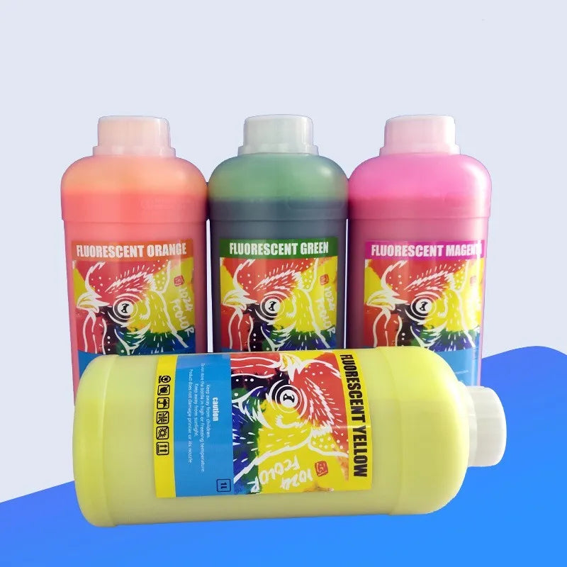 Cartridge of fluorescent orange sublimation ink for PET film printing, with 1000ml capacity shown.