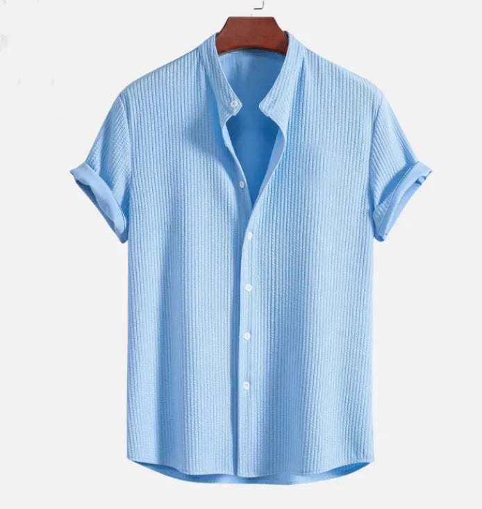 Men's loose fit short sleeve polyester shirt in multiple colour options including wine red, dark green and light blue