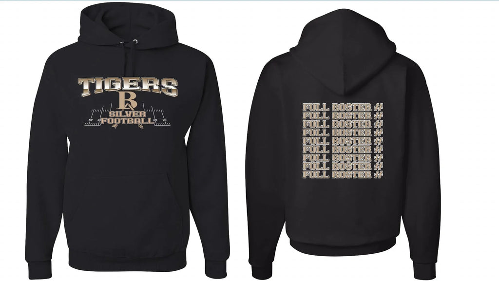 Black drop-shoulder sleeve pullover hoodie on a hanger, simple collarless design.