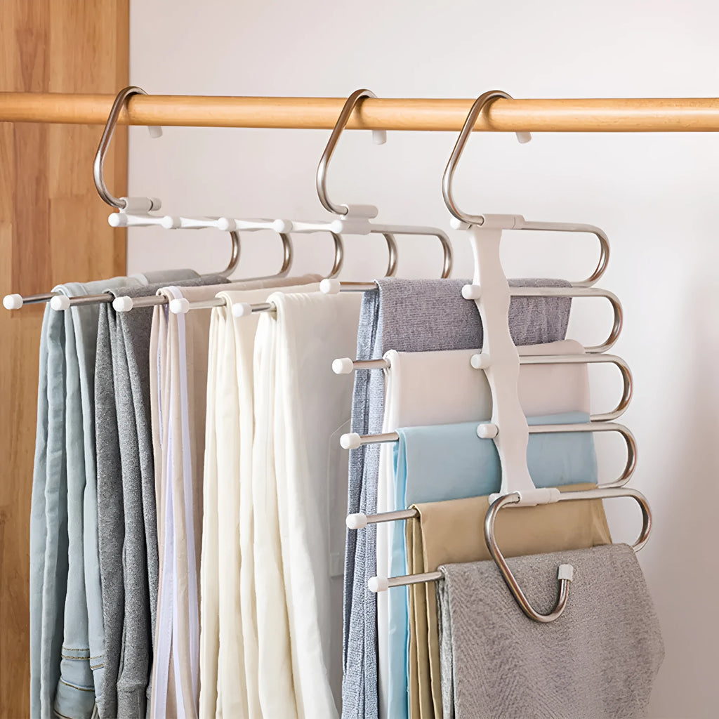 Black stainless steel five-boom trouser hanger showing level and vertical hanging options.