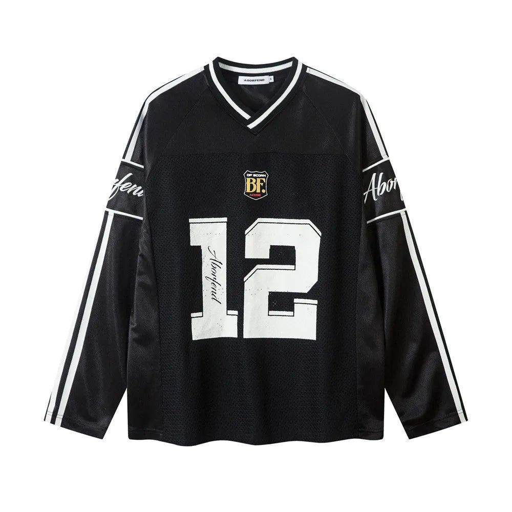 Men's black digital print long sleeve t-shirt with V-neck and loose fit