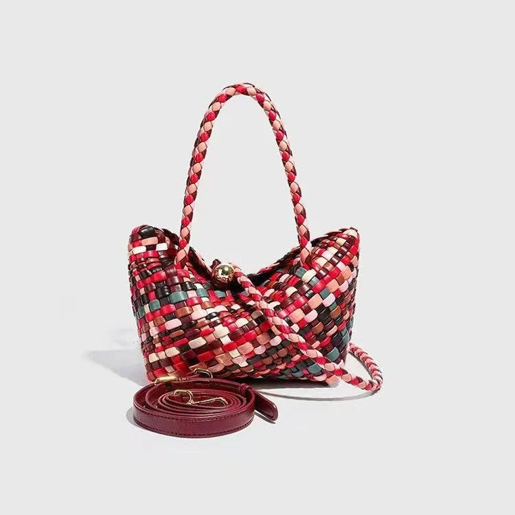 Women's colour woven PU leather shoulder bag showing handmade texture and 18x11x14 cm dimensions