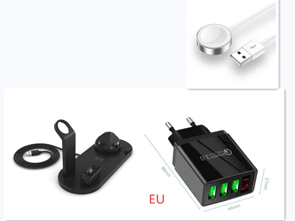 4 in 1 wireless charger stand for iPhone Samsung iWatch AirPods in black silicone material with 360 degree rotating dock