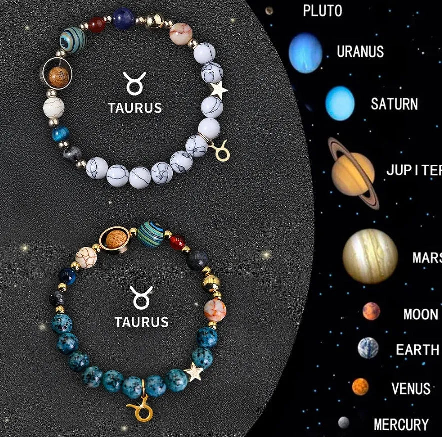 Set of two natural stone beaded bracelets on elastic cords for zodiac signs.