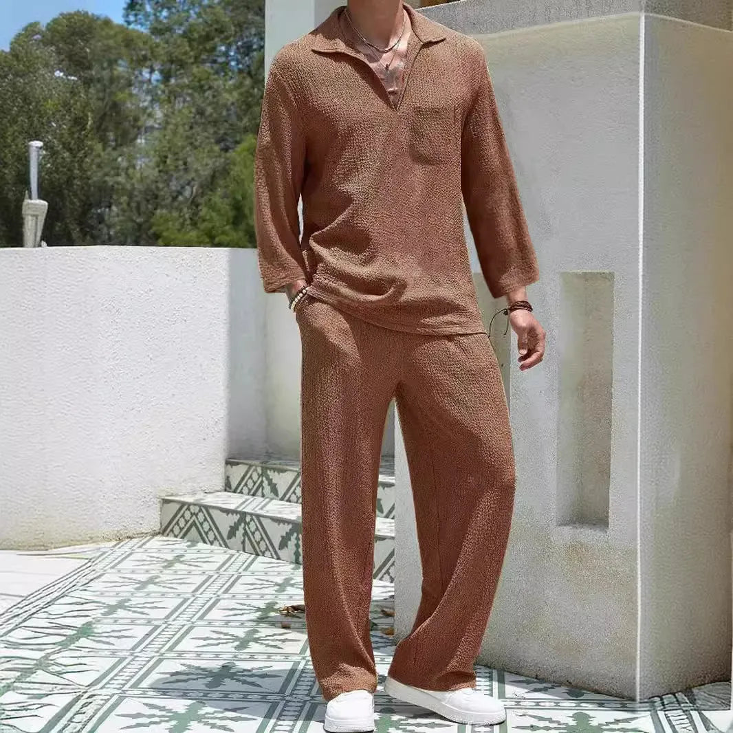 Men's casual commuter shirt trousers suit in polyester fabric available in four colours with Asian sizing