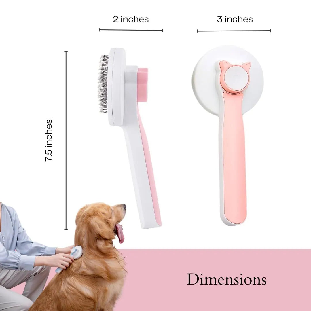Self-cleaning slicker brush for pet grooming with ergonomic rubber handle in blue, grey, or pink